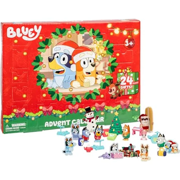 BlueY Blueys Adventskalender mit 4 Mini-Figuren und 12 Zubehörteilen, Adventsüberraschung für die Weihnachtszeit