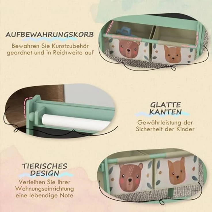 AIYAPLAY 3 in 1 Kinder Staffelei, Doppelseitig mit Tafel und Whiteboard, Grün, 54 x 46,5 x 93 cm, inkl. Aufbewahrungskörben für Kunstutensilien – Bild 4