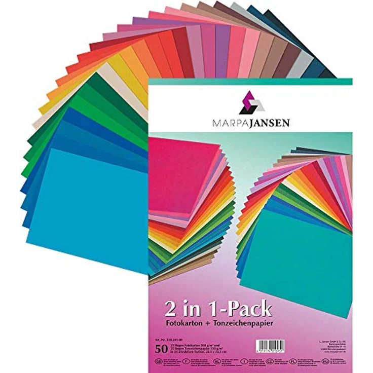 MARPAJANSEN 2in1-Pack, 50 Bogen, 25 Farben, 22,5 x 32,5 cm, Fotokarton 300 g/m² & Tonzeichenpapier 130 g/m², verschiedene Bastelpapiere – Bild 1