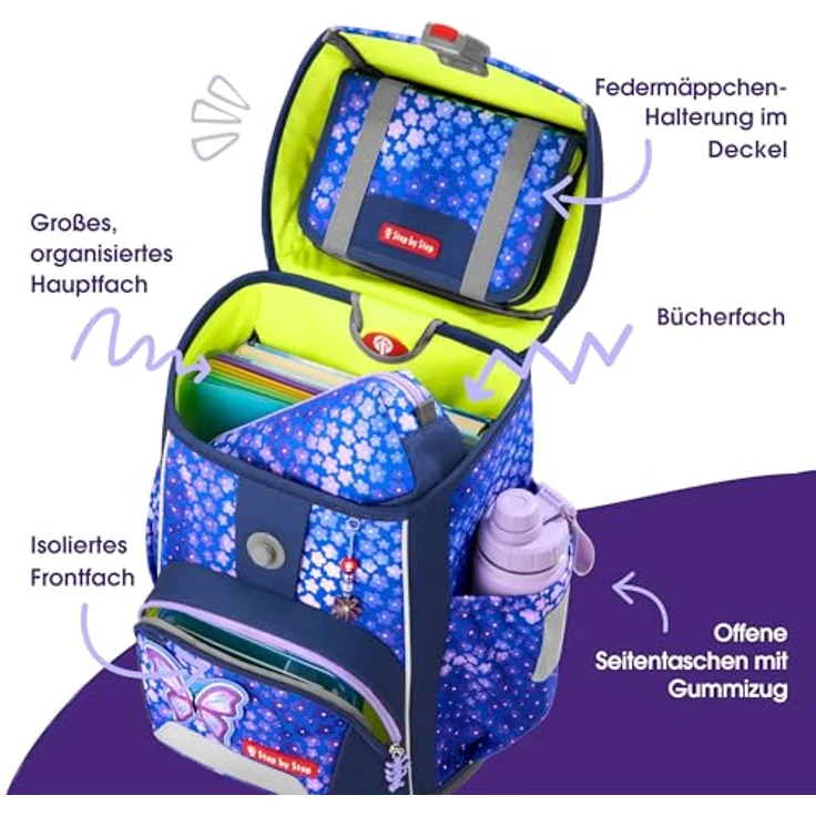 Step by Step Giant Schulranzen-Set „Butterfly Maja“, 5-teilig, ergonomischer Tornister, höhenverstellbar, mit Reflektoren, blau-rosa, 23 Liter für Mädchen ab der 1. Klasse – Bild 5