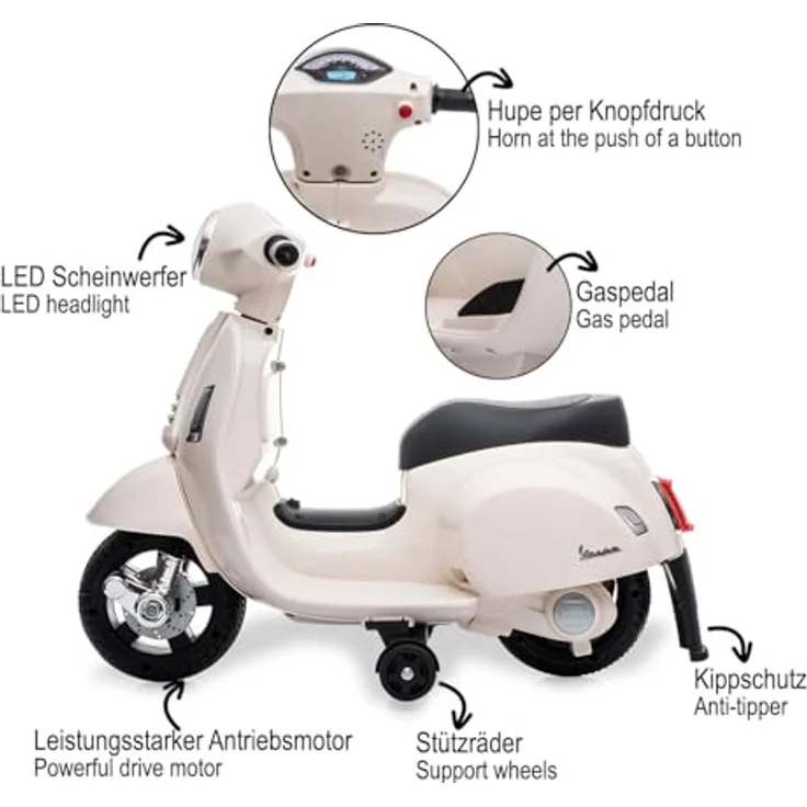 JAMARA Ride-on Vespa Mini, Elektrofahrzeug für Kinder ab 18 Monaten, weiß, 8.4V Li-Ion Akku, mit LED Scheinwerfern und Kippschutz – Bild 4