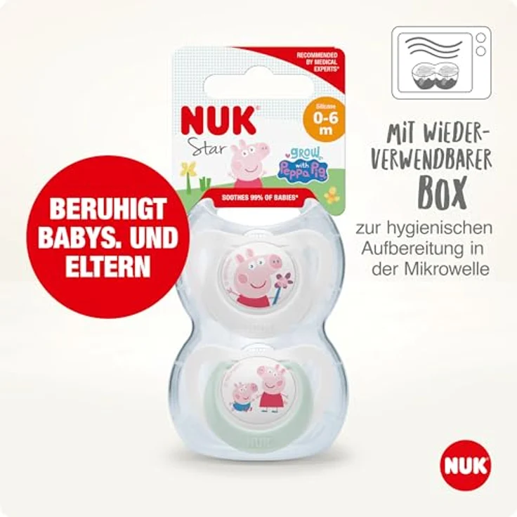 NUK Schnuller STAR Peppa Wutz, Lutschteil Kieferform Silikon mit Wiederverwendbarer Schnullerbox, 2er Pack – Bild 2