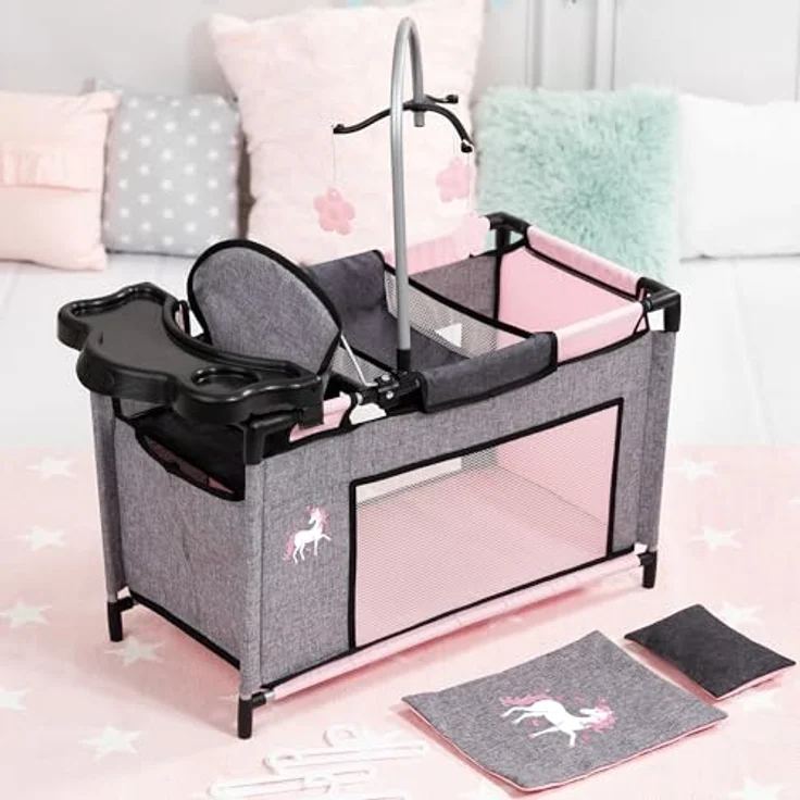 Bayer Design 62633AB Puppenbett mit Schrank, Hochstuhl, Bettdecke, Kissen, Jeans-grau, rosa, Einhorn – Bild 4