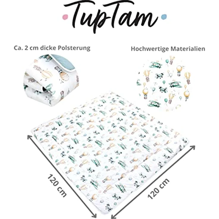 TupTam Krabbeldecke 120x120 cm - Gepolsterte Spieldecke aus 100% Baumwolle, XXL, OEKO-TEX, Weich & Hautfreundlich, Farbe: Füchse/Flugzeuge/Ballons/Grün – Bild 4