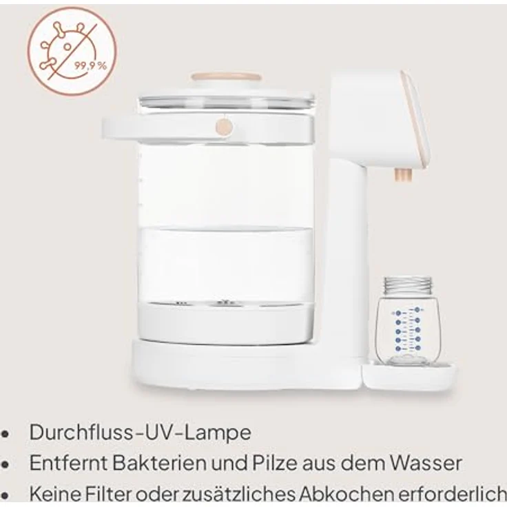 Lionelo Babypresto 2.0 Fläschchenzubereiter, Milchzubereiter und Flaschenwärmer mit 40-100 °C, UV-Hygiene, 30-300 ml Dosierung, 3 L Glasbehälter, LED-Display, Touch-Sperre – Bild 2