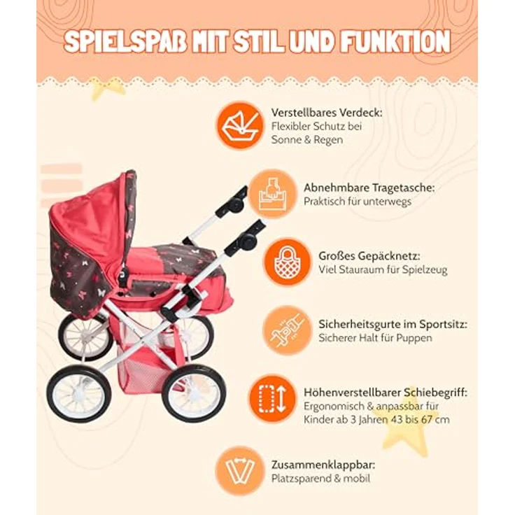 Bayer Chic 2000® 3in1 Kombi Puppenwagen Leni, faltbar, höhenverstellbarer Griff 43-67 cm, lila Herzchen, inkl. Tragetasche für Puppen bis 46 cm, ab 3 J. – Bild 5