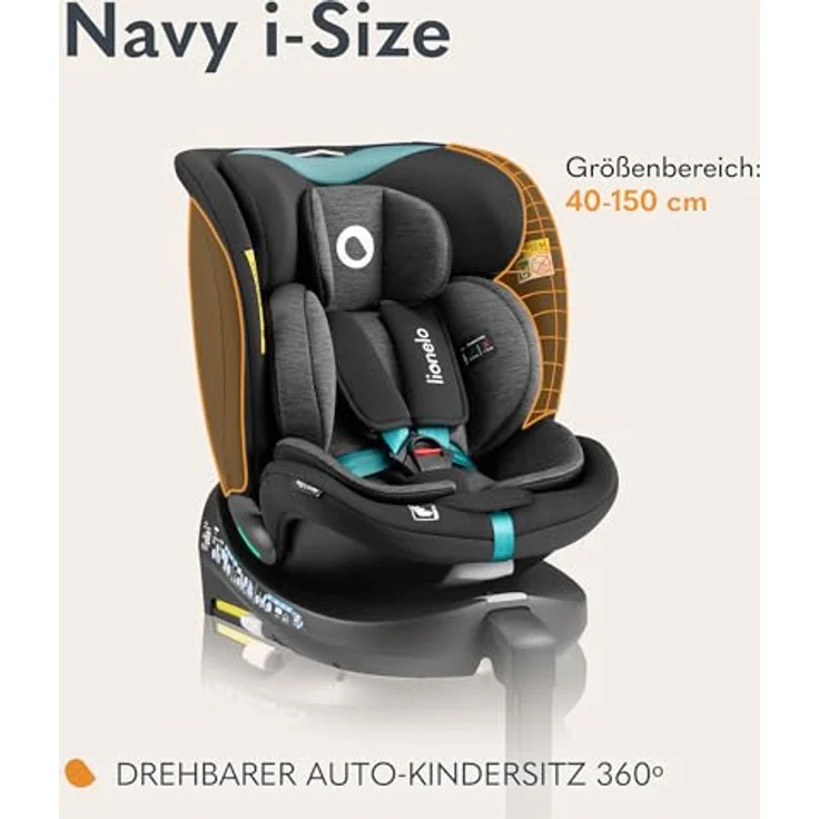 lionelo Autokindersitz NAVY I-SIZE, mit 360° EasyTurn-Drehbasis, ab Geburt bis 12 Jahren, 1,00-36,00 kg, (Set), 40-150cm, i-Size, schwarz – Bild 2