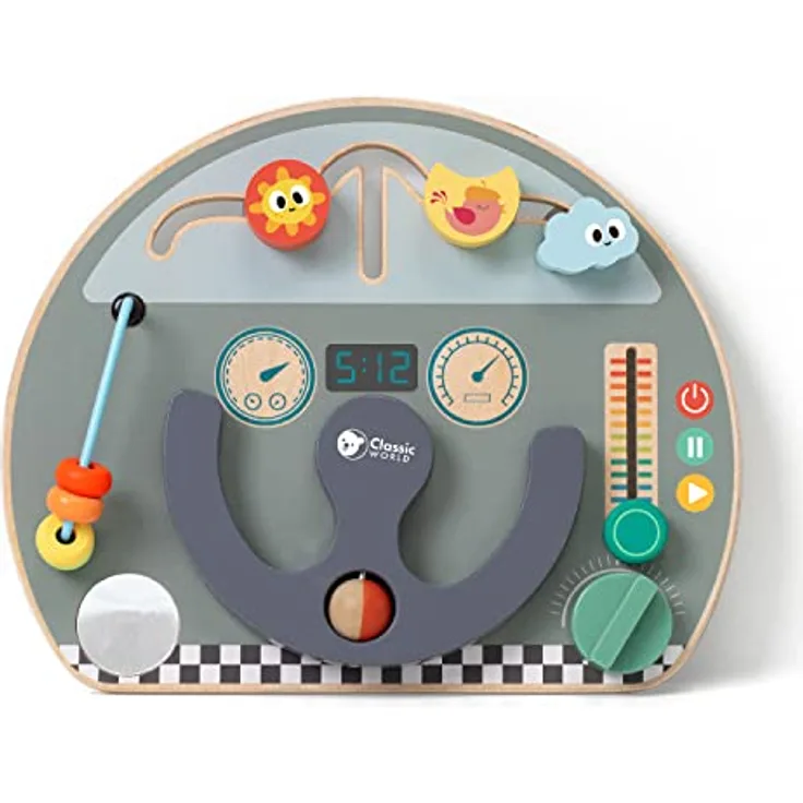 Classic World Motorikbrett Aktivitätsbrett Auto, Holzspielzeug mit Labyrinth und Kugelspiel, 29x23,5x6,7cm, ab 12 Monaten