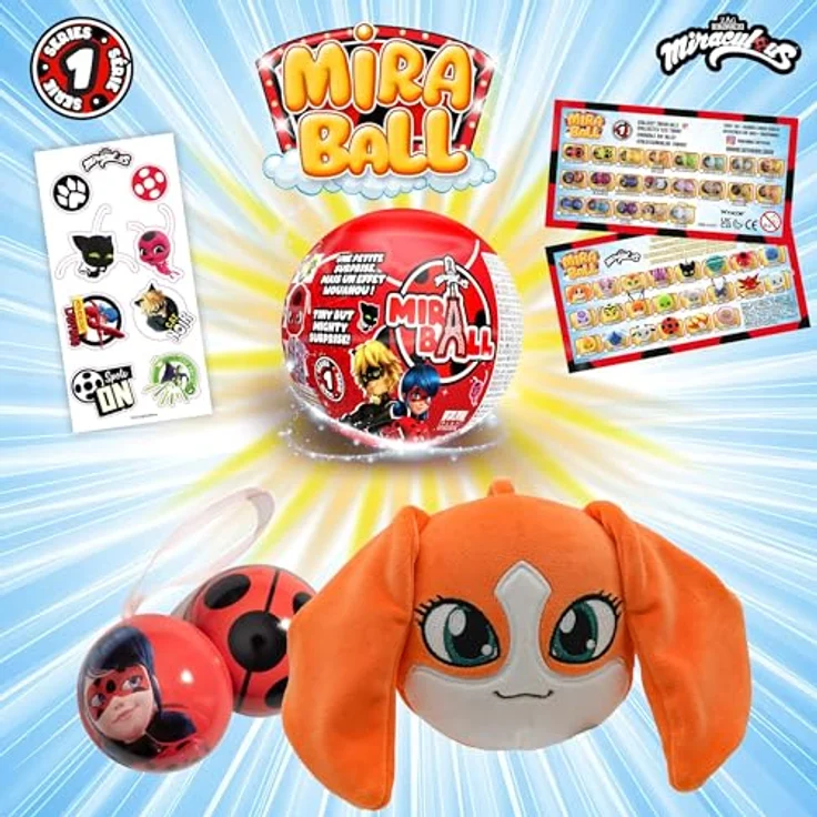 Miraculous 4-1 Überraschungs-Miraball, Spielzeug mit Metallkugel, Kwami-Plüsch, glitzernden Aufklebern und Sammelbroschüre, 7,1 cm, 1 Stück – Bild 2