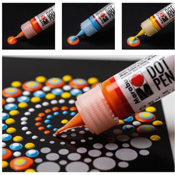 Marabu Dot Pen Set "Mandala", 4 x 25 ml punktfarbige Wasserbasis, matt & erhaben, in Hellblau, Orange, Gelb und Weiß für Dotting-Technik – Bild 4