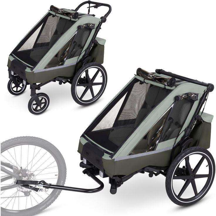 ABC Design Tour 2, 3in1 Fahrradanhänger & Kinderwagen für 2 Kinder, Bremssystem, Komfortsitze, Verdeck mit Moskitonetz, Regen- & Sonnenschutz, Olive