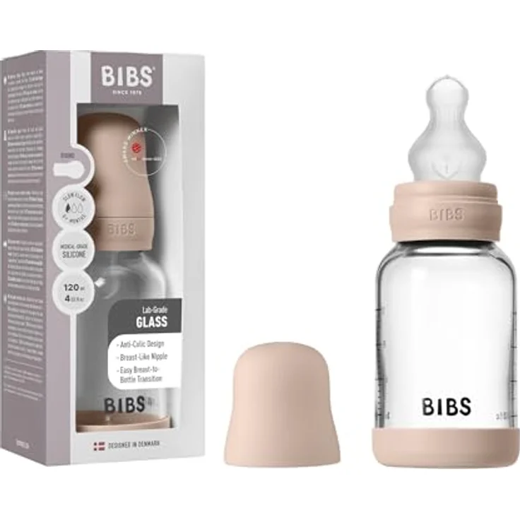 BIBS Baby Glasflasche 120ml, runder Silikonsauger, kolikenreduzierend, Blush, hergestellt in Dänemark – Bild 1