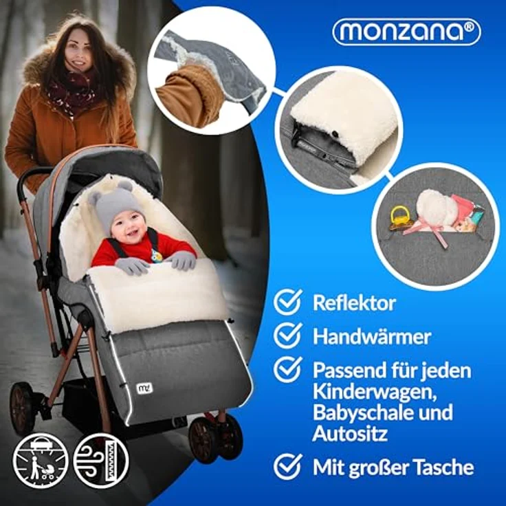 Monzana Babyfußsack Handwärmer Wetterfest Reflektoren-Streifen Reißverschluss abnehmbares Fußteil Waschbar Kinderwagen Winter Fußsack 90x60 cm – Bild 3