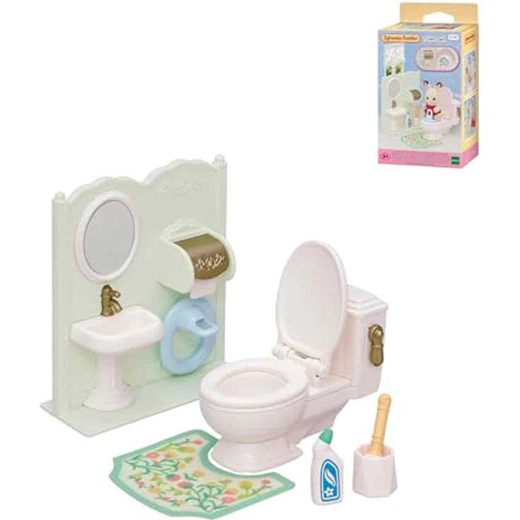 Sylvanian Families 5740 Toiletten-Set, Puppenhaus Möbel mit Toilette und Spülfunktion, inkl. Waschbecken und Babysitz – Bild 2