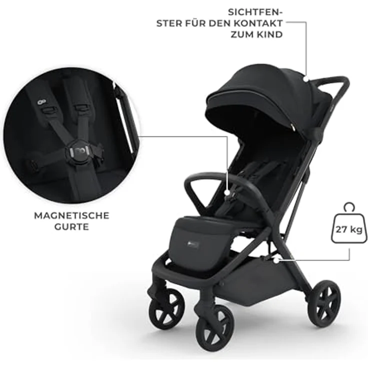 Kinderkraft NUBI 3 Buggy, bis 22 kg, automatisch zusammenklappbar, große EVA-Räder, Mesh-Sitz, 5-Punkt-Gurt magnetisch, UPF50+ Verdeck, Liegeposition, Schwarz – Bild 5