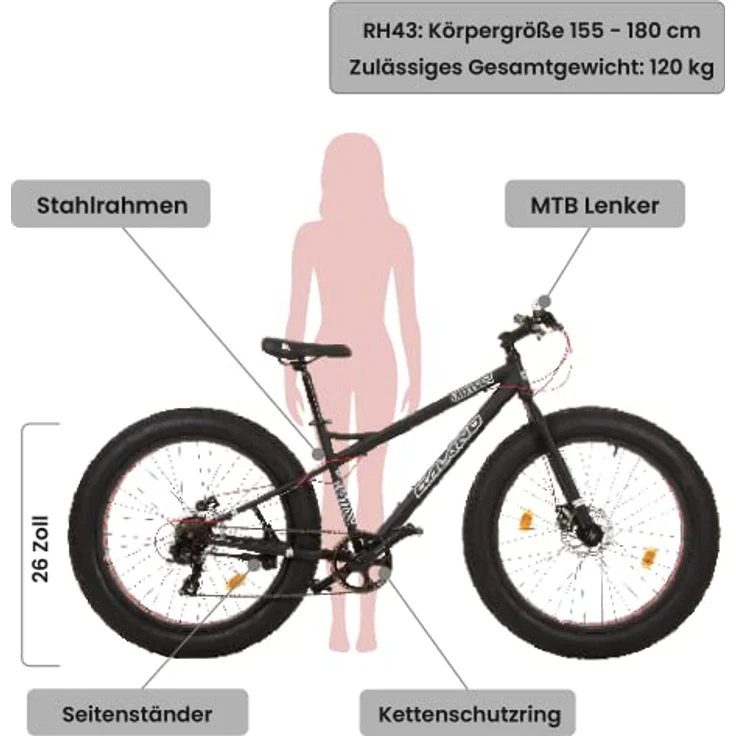 26 Zoll Galano Fatman 4.0 Zoll FAT TYRE Fatbike, Farbe:Schwarz - Preisvergleich – Bild 2