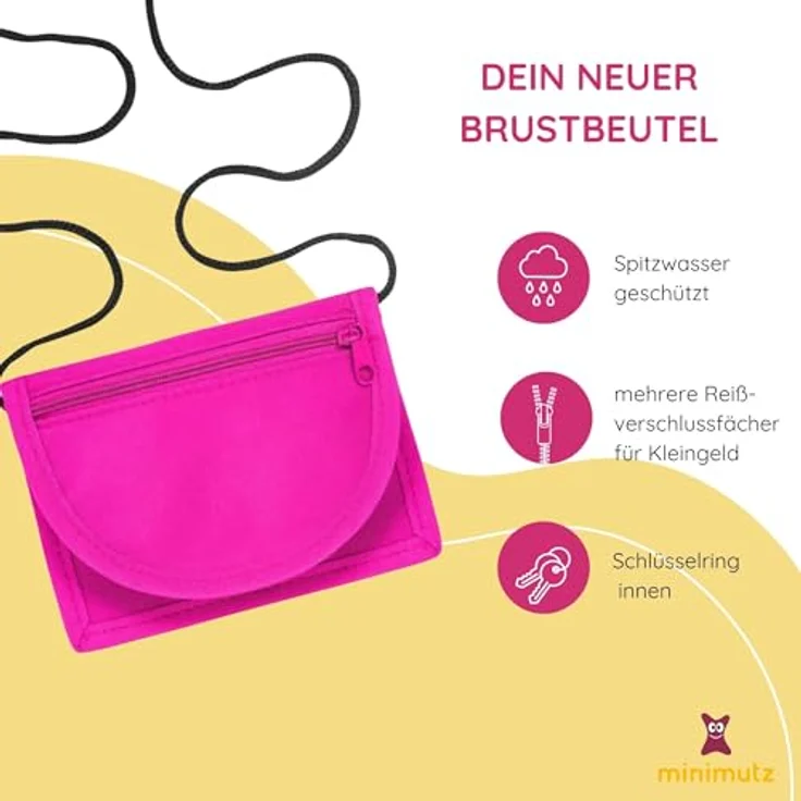 minimutz Kinder Geldbeutel, Geldbörse zum Umhängen mit Sichtfenster für Busausweis, Brustbeutel zum Schulanfang, pink – Bild 2