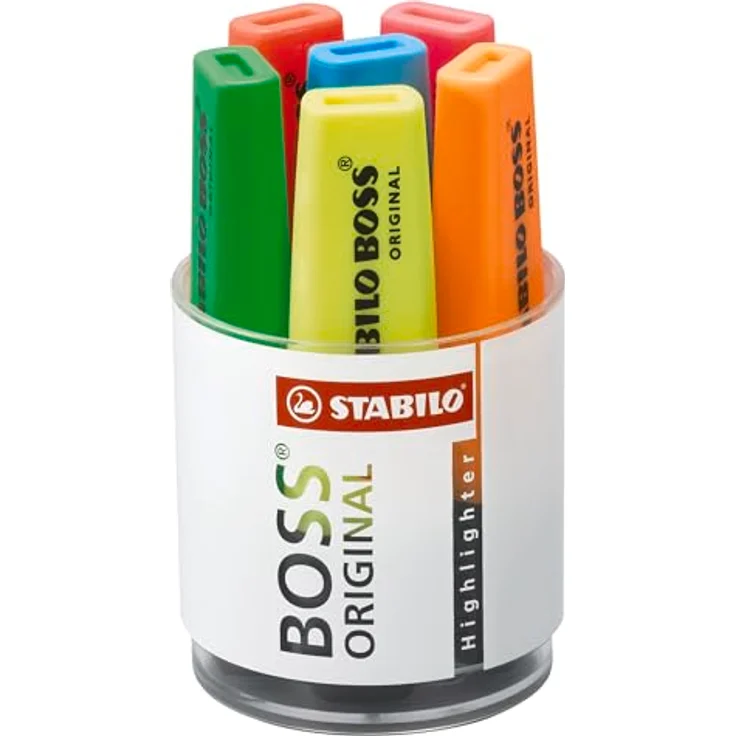 STABILO BOSS Textmarker Rundbox, 6er Set in gelb, blau, grün, pink, rot, orange, Strichstärke 2+5 mm, nachfüllbar, Anti-Dry-Out Technologie – Bild 1