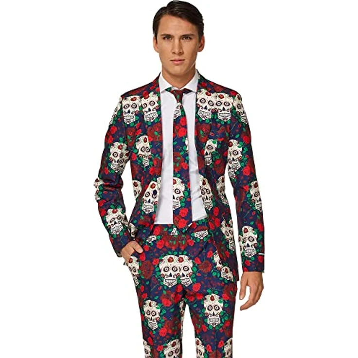 Suitmeister Day of the Dead, XL Slim-Fit Partyanzug mit auffälligem Design und Krawatte, 3-teilig – Bild 4