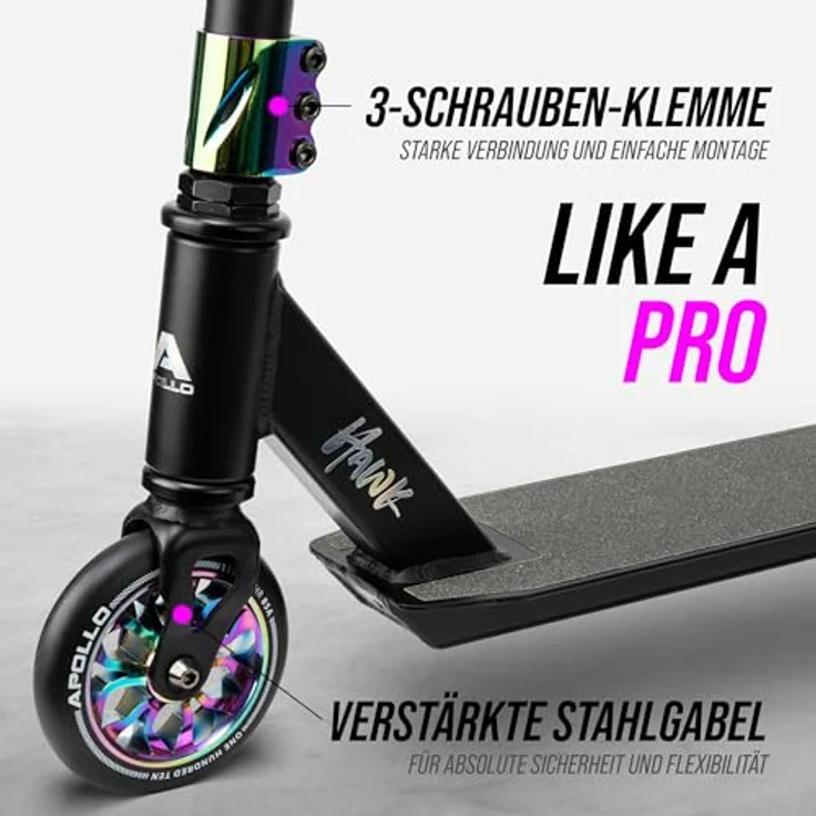 Apollo Stuntscooter Hawk - Freestyle Kickscooter für Kinder und Erwachsene, Kinderroller, Trick Roller für Jungen und Mädchen ab 6 Jahren, Stunt Scooter für Beginner und erfahrene Kids, Stunt Roller - HQ Aluminium Rahmen, 110mm PU-Scooter Rollen, ABEC 9 Kugellager (Schwarz) – Bild 2