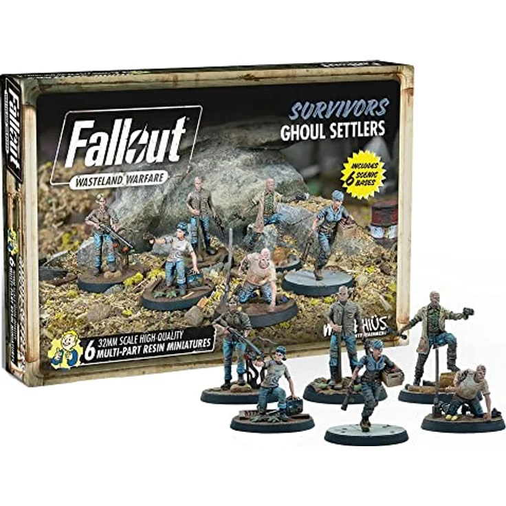 Modiphius Fallout Wasteland Warfare: Survivors - Ghoul Settlers, 6 unlackierte Miniaturen aus Kunstharz im 32 mm Format, inklusive malerischer Bases – Bild 1