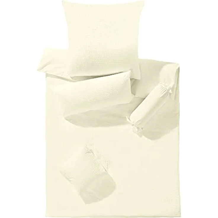 Erwin Müller Bettwäsche-Set Seersucker Uni Serie Rosenheim, Bettbezug, Kissenbezug - pflegeleicht, bügelfrei, mit Reißverschluss - Creme Größe 135x200 cm (80x80 cm)