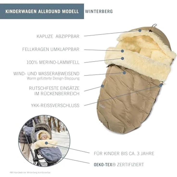Fellhof® Lammfell Fußsack Kinderwagen WINTERBERG, OEKO-TEX® zertifiziert, wind- und wasserdicht, 50x98 cm, beige, waschbar bis 30°C, mit verstellbaren Gurtschlitzen – Bild 2