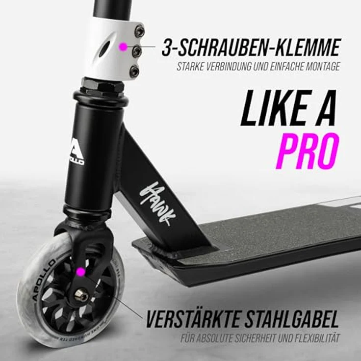 Apollo Stuntscooter Hawk - Freestyle Kickscooter für Kinder und Erwachsene, Kinderroller, Trick Roller für Jungen und Mädchen ab 6 Jahren, Stunt Scooter für Beginner und erfahrene Kids, Stunt Roller, Schwarz – Bild 2