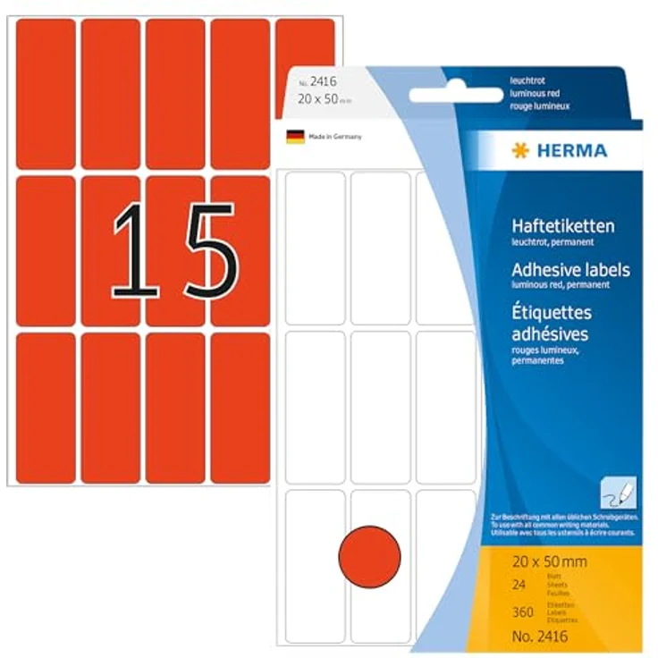 HERMA 2416 Etiketten leucht-rot, 24 Blatt, 20 x 50 mm, 15 pro Bogen, 360 Aufkleber, selbstklebend, Vielzweck Klebeetiketten zum Beschriften, Universal Haftetiketten aus Papier, blanko – Bild 1