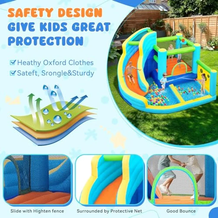 FBSPORT Hüpfburg, 6-in-1 Wasserspielcenter mit Gebläse, Trocken/Wasserrutsche, Planschbecken, Kletterwand und Basketballkorb, geeignet für bis zu 5 Kinder/180 kg, für Indoor & Outdoor – Bild 4