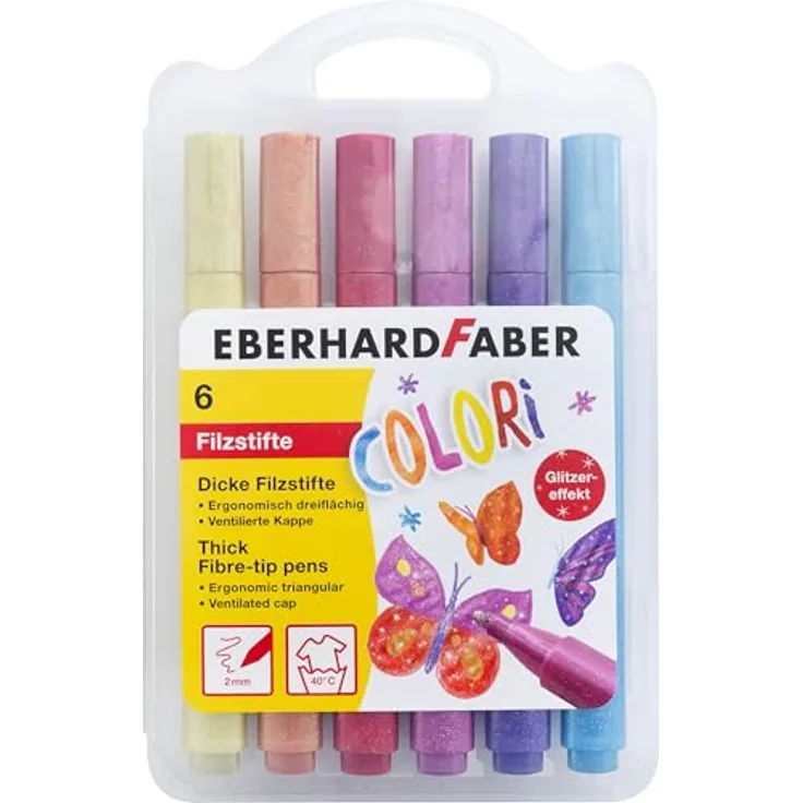 Eberhard Faber 551214 Filzstifte Set Glitzer, 6 dicke Malstifte mit ergonomischer Dreikantform, Strichstärke 2 mm, im praktischen Kunststoffetui