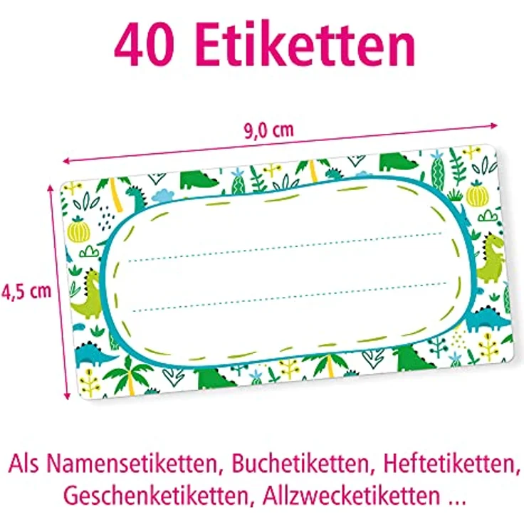 itenga 40x Buchetiketten Heftetiketten 9x4,5cm, selbstklebend, beschreibbar, Haftpapier, Dinos – Bild 2