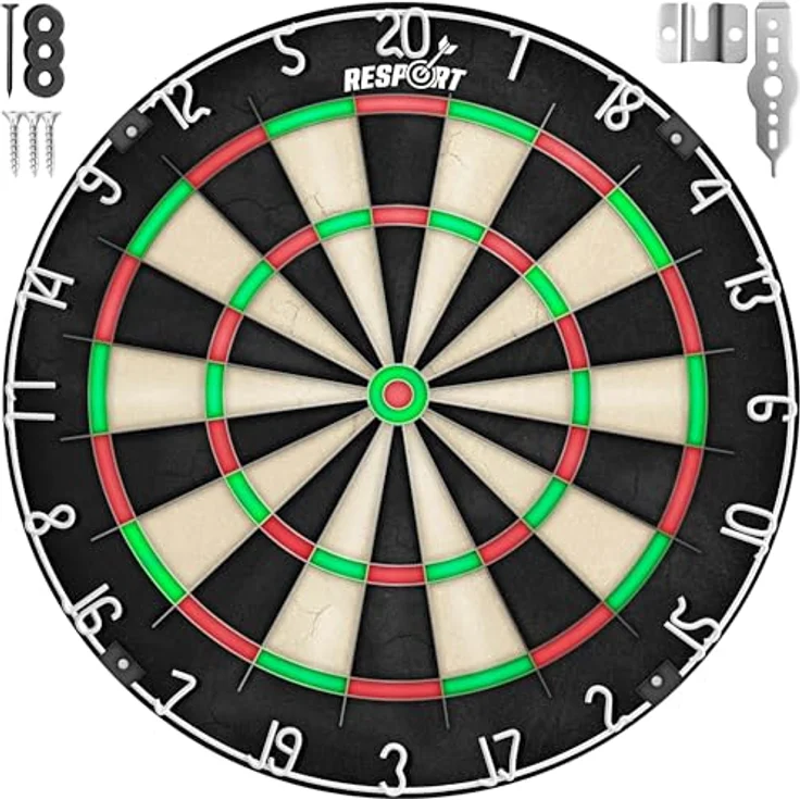 RE:SPORT® Sisal Premium Dartscheibe XXL Set, Steeldart Dartboard mit 9 Profi Dartpfeilen, 24 Pro Flights und Montagezubehör – Bild 1