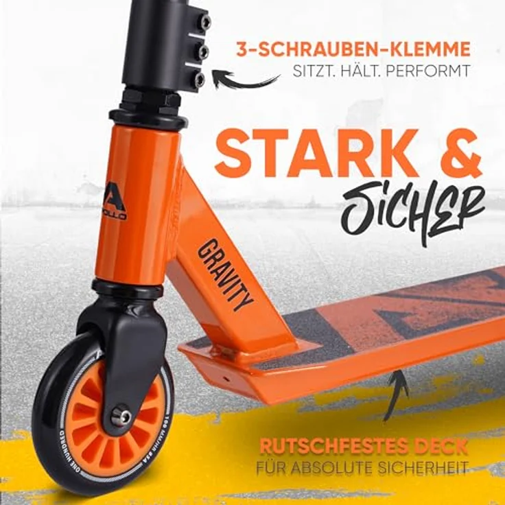 Apollo Stuntscooter Gravity, Fun-Kickscooter für Kinder und Teenager, hohe Belastbarkeit bis 100kg, rutschfestes Deck und stabile Rollen – Bild 2