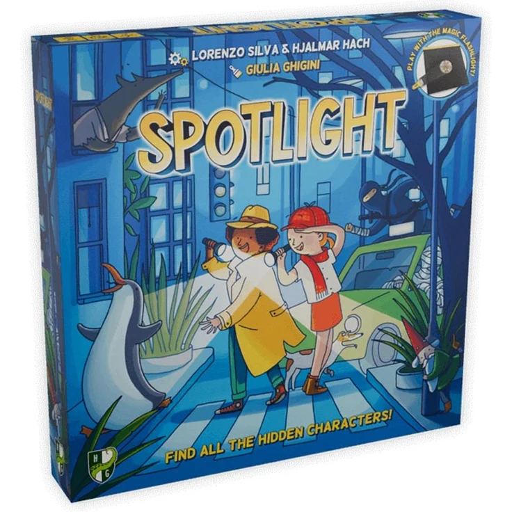 Asmodee Spotlight, kooperatives Brettspiel zur Suche nach verrückten Charakteren und Gegenständen in dunklen Orten