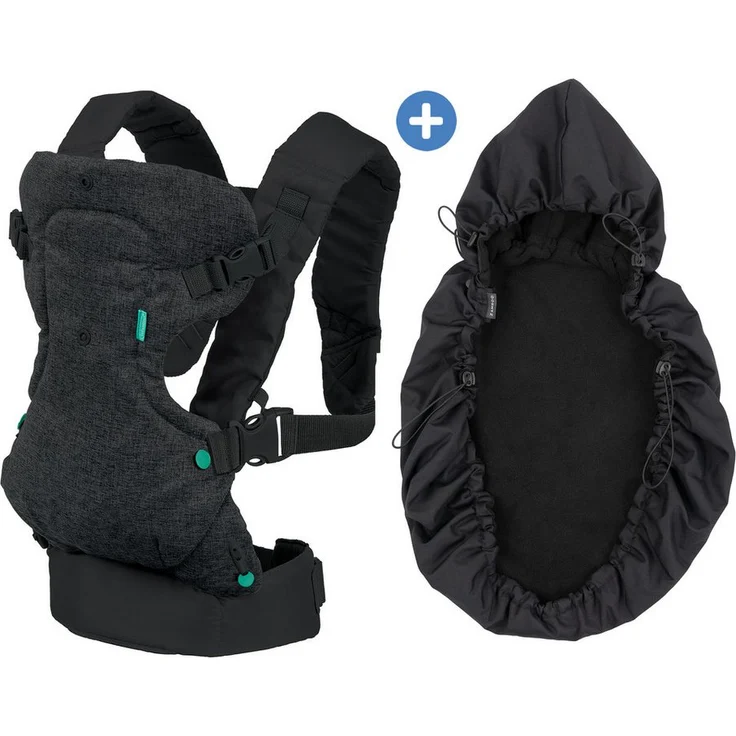 Infantino BKids Babytrage Flip Advanced - Denim, ergonomische Bauch- und Rückentrage mit 4 Tragepositionen, Wettercover für optimalen Wetterschutz, ab Geburt von 3,6-14,5 kg