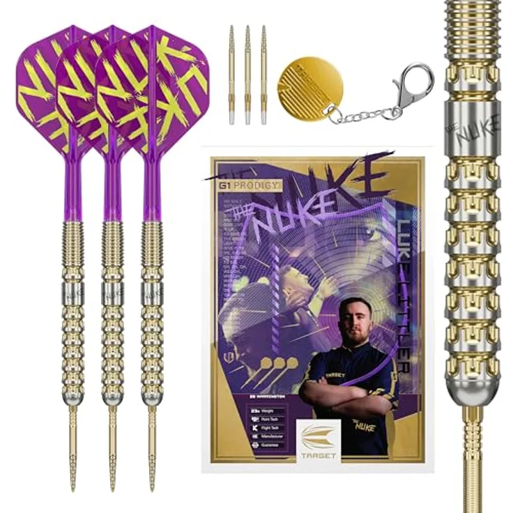 Target Darts Luke Littler Gen 1 Prodigy Steeldarts, 90% Tungsten, 24G, Gold, mit K-Flex Flights und Shafts