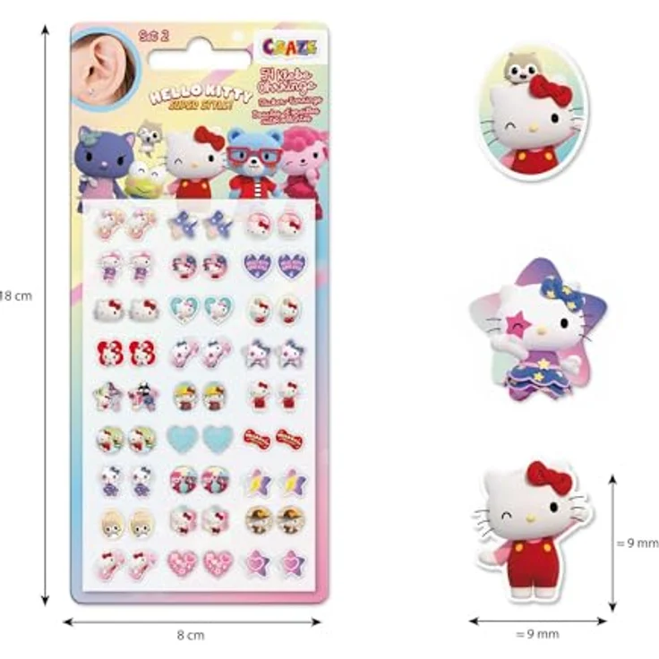 CRAZE STICKER EARRINGS Hello Kitty, Klebeohrringe für Mädchen mit 27 Paar bunten Motiven, ideal als Kinderschmuck oder Party-Mitbringsel – Bild 5