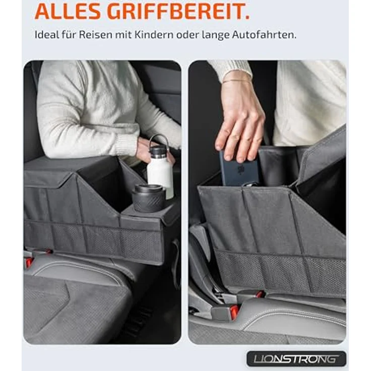 LIONSTRONG® Auto Organizer, universeller Rücksitz- und Beifahrersitz Organizer mit extrem stabilen Kunststoffplatten, wasserabweisend und extra Stauraum für Snacks und Spielzeug – Bild 5