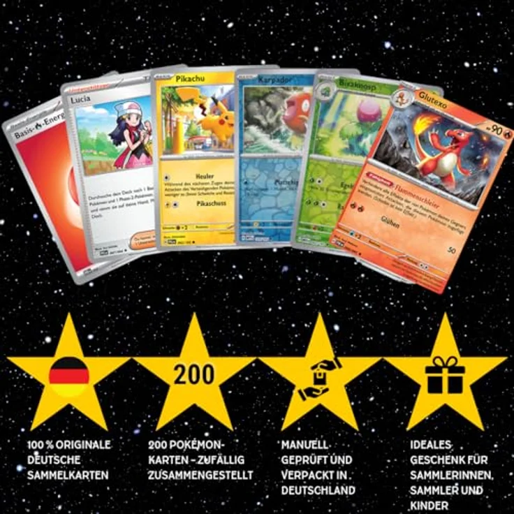 cardcosmos 200 Karten Set - Pokemon Karten Deutsch, Originale Sammelkarten mit 25 Holo/Reverse Holo, inkl. 100 Kartenhüllen, TCG Bundle für Kinder & Sammler – Bild 4
