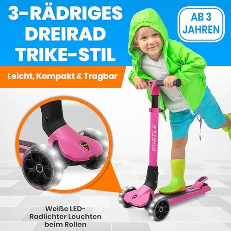 Hurtle Faltbarer Kinderroller, 3-Rad Scooter mit höhenverstellbarem Lenker, LED-Rädern und rutschfester Trittfläche, aus Aluminium, für Kinder ab 3 Jahren bis 50kg – Bild 5