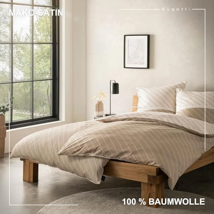 bugatti Bettwäsche 135 x 200 cm, Mako Satinbettwäsche gestreift beige - 100% Baumwolle, weich, waschbar & mit Reißverschluss – Bild 2