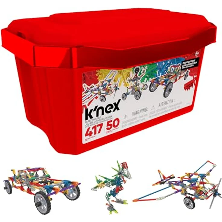 Basic Fun K'NEX 16511 Fantasie-Kreationsbereich 50 Modelle Baukasten, 417-teiliges pädagogisches Lernset mit Aufbewahrungsbox, Technik für Kinder, Konstruktionsspielzeug ab 5 Jahren, bunt – Bild 1