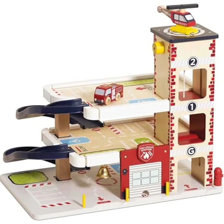 Le Toy Van TV453 Spielzeug-Feuerwache, FSC-zertifiziertes Holz mit Feuerwehrauto, Hubschrauber, Garage, Aufzug und Notrufglocke für Kinder ab 3 Jahren