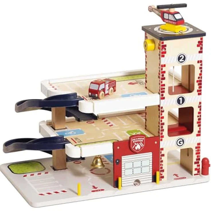 Le Toy Van TV453 Spielzeug-Feuerwache, FSC-zertifiziertes Holz mit Feuerwehrauto, Hubschrauber, Garage, Aufzug und Notrufglocke für Kinder ab 3 Jahren – Bild 1