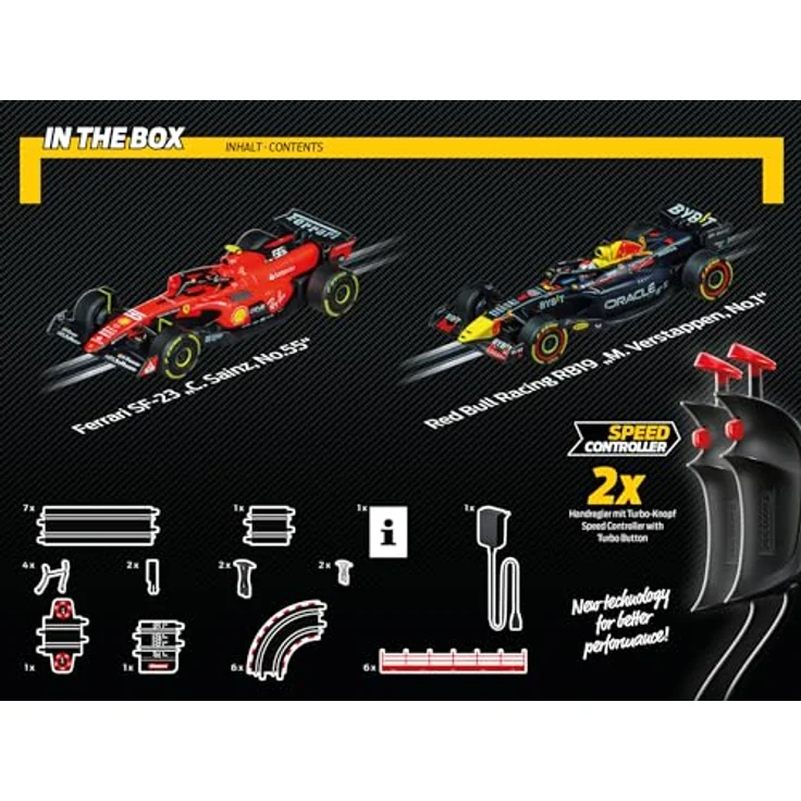 Carrera GO!!! Flying Lap Rennbahn-Set, 4,3 Meter lange Strecke mit lizensierten Slotcars (Ferrari SF-23 & Red Bull RB19), für bis zu 2 Spieler, Altersgruppe 6+ – Bild 5