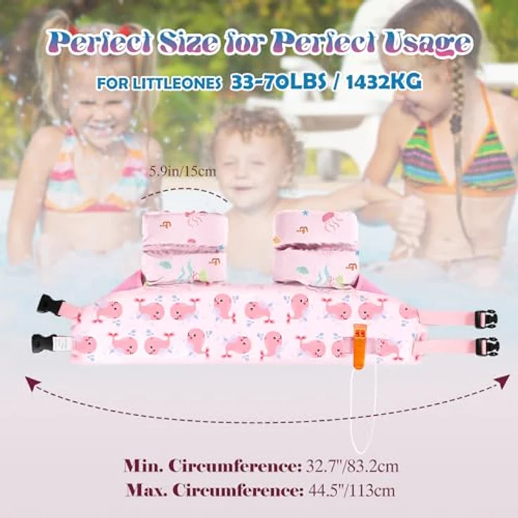 HeySplash Kinder Weste Schwimmflügel, Cartoon Kein Aufblasen Schwimmgürtel mit 2 Sicherheitsschnalle für 2-6 Jahren Jungen und Mädchen, Rosa Wal – Bild 5