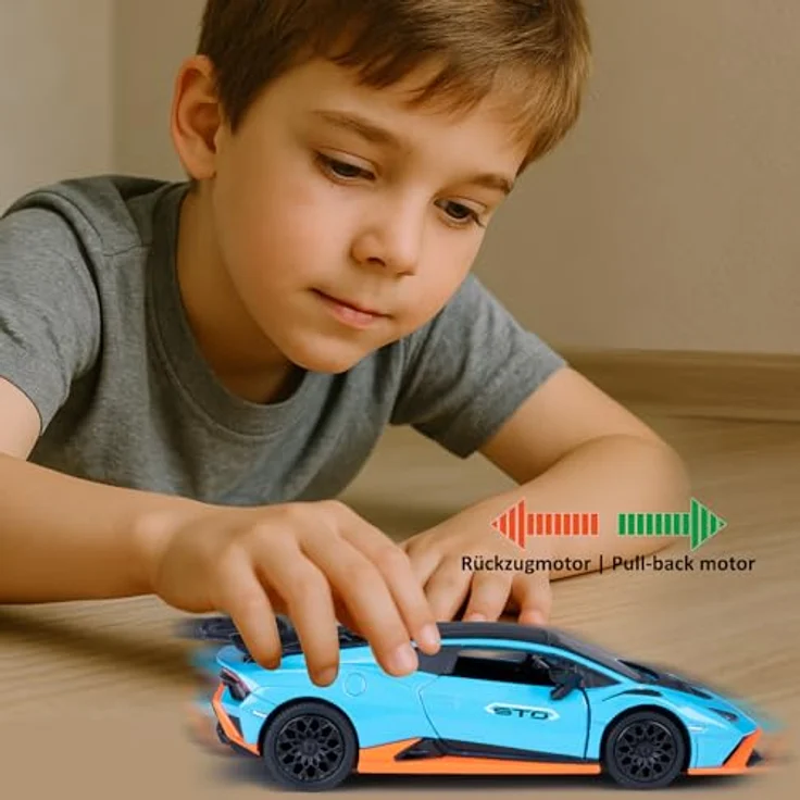 JAMARA 402616 Lamborghini Huracán STO Diecast 1:32, Modellauto mit LED-Licht, manuell öffnenden Türen und Rückzugmotor, Geschenkidee für Kinder – Bild 2