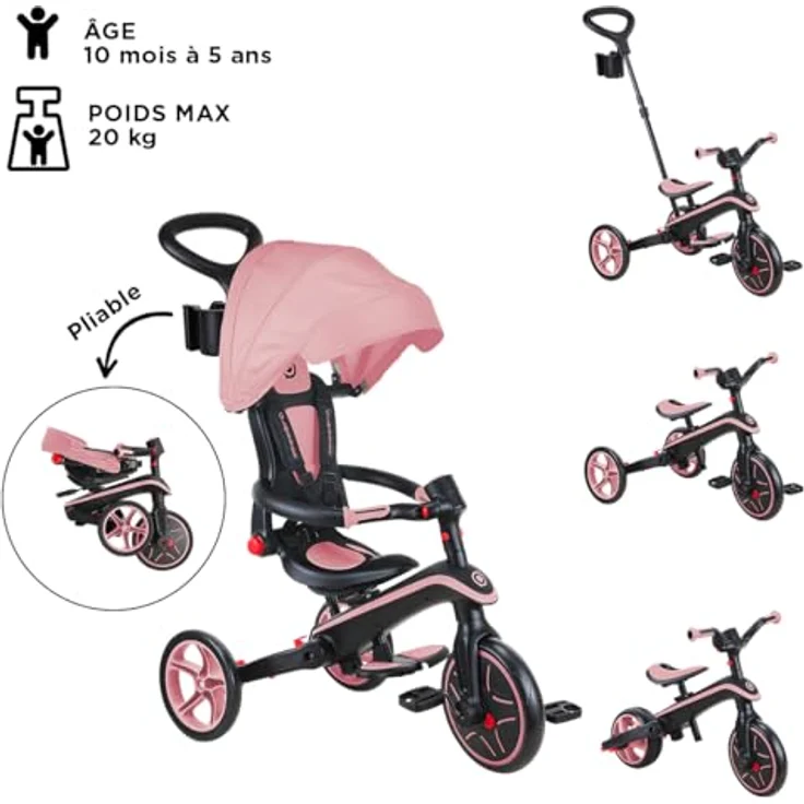 Globber Explorer Trike Foldable 4in1 Rosa - Kinderfahrzeug mit höhenverstellbarem TPR-Sitz, UV-Sonnenschutzdach und Sicherheitsgurt – Bild 2