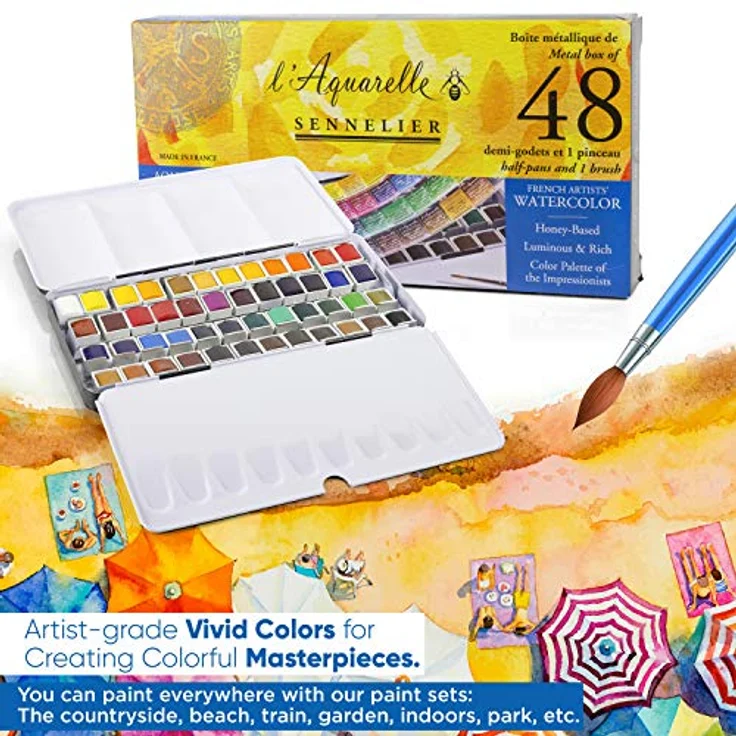 Sennelier Aquarelles Metalldose Set mit 48 halben Näpfen und 1 Pinsel, ideal für Aquarellmalerei – Bild 3